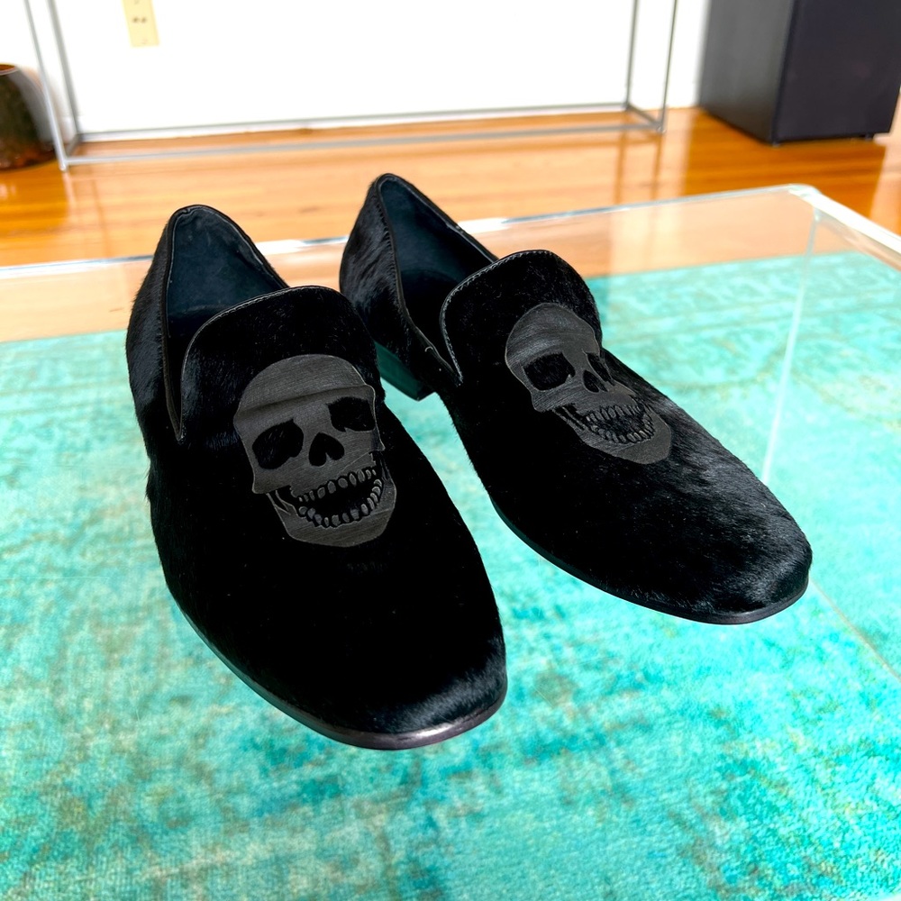 Philipp Plein Black Calf Hair Loafers with Skull, Size 11